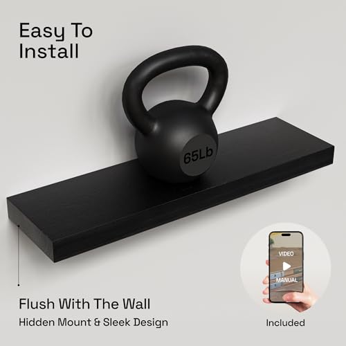 Solid Wood Floating Shelves for Wall 24 inch Black, Wooden Bathroom Shelf | Real Wood, Wall Mounted, Heavy Duty, Bedroom Kitchen Living Room, Black Finish, 24W x 6.7D, Set of 2 - color: Black, size: 24 Inch