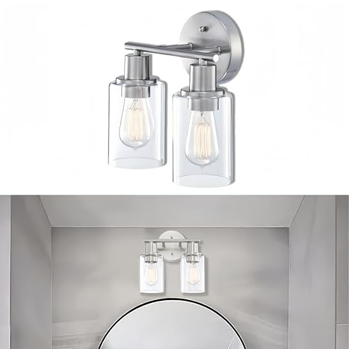 WISBEAM 2-Light Bathroom Vanity Light, Brushed Nickel Bathroom Light Fixtures Over Mirror with Clear Glass Shade Including E26 Medium Base, Bulb NOT Included - color: Silver, size: VNT003