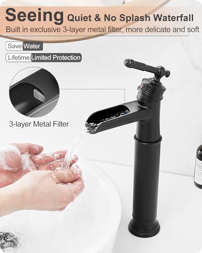 Tall Bathroom Faucet Waterfall, Brass Bathroom Faucets Black Vessel Sink Faucet, Single Handle Bathroom Sink Faucet 1 Hole with Pop-Up Drain & Supply Water Hoses for Hotels Classic No Noise - color: Matte Black - Modern