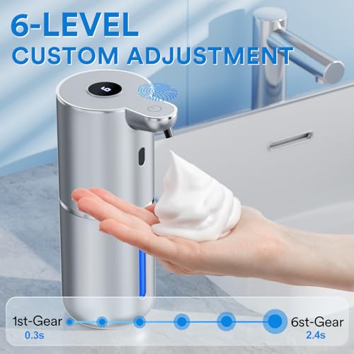 Automatic Foaming Soap Dispenser Touchless, Rechargeable Electric Hand ＆ Dish Soap Dispenser for Bathroom and Kitchen - Smart Digital Display, 6 Adjustable Level, 380ml, Wall Mounted, IPX5 - color: Silver, style: Foam