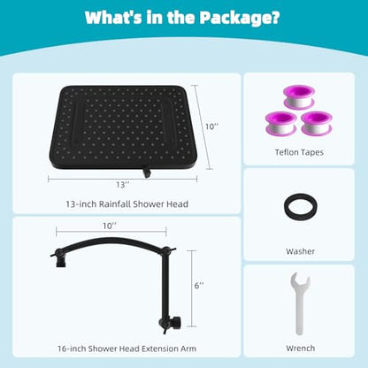 Hibbent Rain Shower Head, 13'' High Pressure Rainfall 5 Spray Mode Showerhead with 16" Shower Head Extension Arm, Solid Brass Adjustable Shower Arm Extender, Waterfall fixed Showerheads, Matte Black - color: Matte Black, style: Square 13'' with Arm