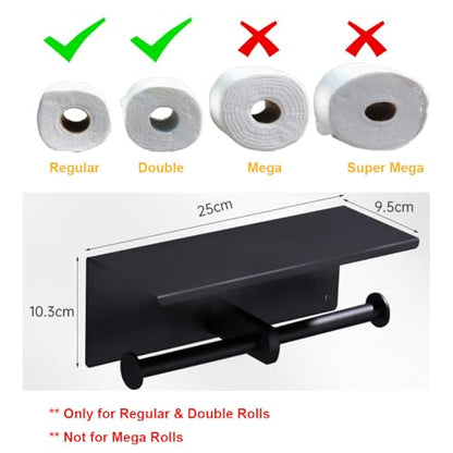 Double Toilet Paper Holder with Phone Shelf KWQKEM Dual Roll Tissue Holder Dispenser Wall Mounted SUS304 Commercial Stainless Steel Roll Holder Storage Cool Bathroom Accessory (Matte Black)