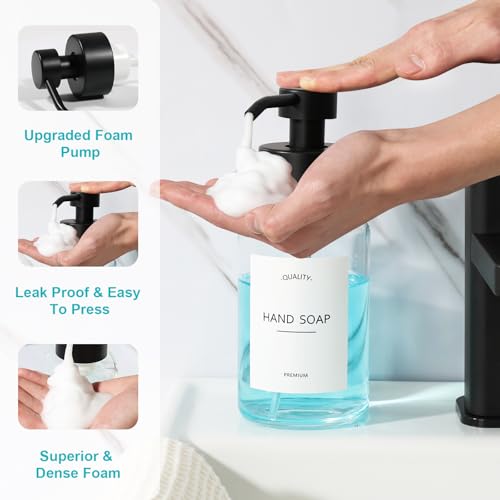 Foaming Hand Soap Dispenser, 14.1 oz/400ml Foaming Soap Dispenser, 2 Pack Glass Foaming Dispenser for Bathroom & Kitchen, Clear Refillable Liquid Dispenser Bottle with Waterproof Labels - color: Clear Bottle+black Pump