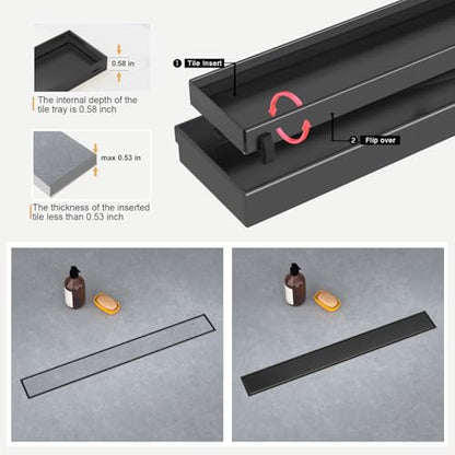 Linear Shower Drain - 18 Inch Matte Black, with Tile Insert Panels | AISI 304 Stainless Steel Shower Drain with Adjustable Feet, Hair Catcher, Rectangle Shower Floor Drain Fits Bathroom, Balcony - color: Matte Black, size: 18 Inch