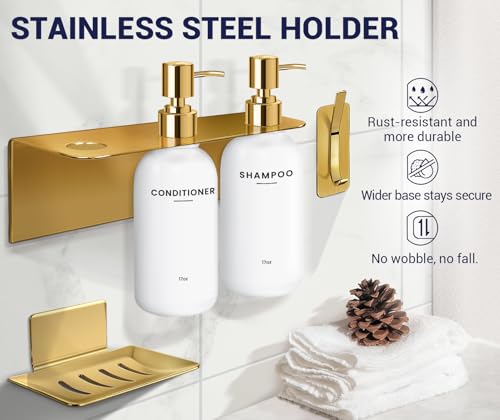 Shampoo and Conditioner Dispenser Wall Mounted Set with Soap Dish and Hook | Soap Dispenser Set of 3. Refillable Bottles with Pumps, Drill Free Adhesive Bathroom Organizer, Dorm Room Essentials, Gold