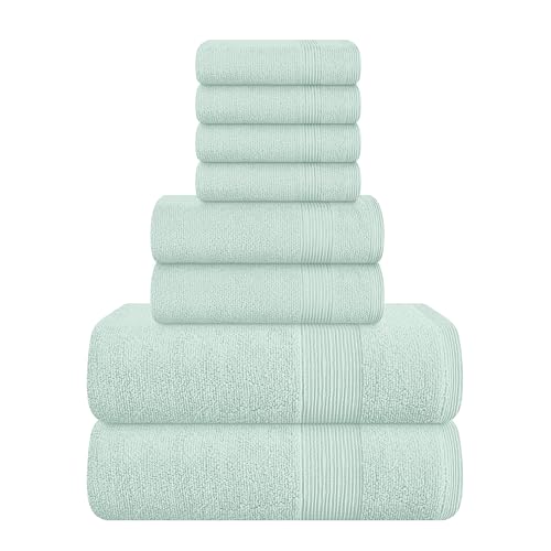 8 Piece Towel Set 100% Ring Spun Cotton, 2 Bath Towels 27x54, 2 Hand Towels 16x28 and 4 Washcloths 13x13 - Ultra Soft Highly Absorbent Machine Washable Hotel Spa Quality - Sea Green - color: Sea Green, size: 8 Piece Towel Set