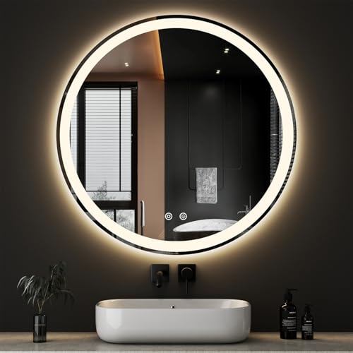 DUMOS 36 Inch Round LED Bathroom Mirror with Lights, Circle Vanity Mirror | Anti-Fog, Dimmable, 3-Color Light, Front Light and Backlit, Memory Function, Tempered Glass - color: Elegant White-round, size: 36"L x 36"W