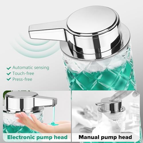 Automatic Soap Dispenser Liquid for Kitchen: 11 OZ Glass Touchless Clear Auto Soap Dispenser for Bathroom - Hand Dish Lotion Home Countertop Kids - Family Couple - color: Diamond Style Liquid