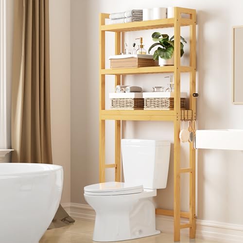 Smiry Over The Toilet Storage Cabinet, 3-Tier Bamboo Bathroom Organizers with Adjustable Shelf & 4 Hooks, Space Saving Shelf Rack for Bathrooms, Laundry Room, Balcony, Natural - color: Natural, size: 3 Tiers (66.9"H)