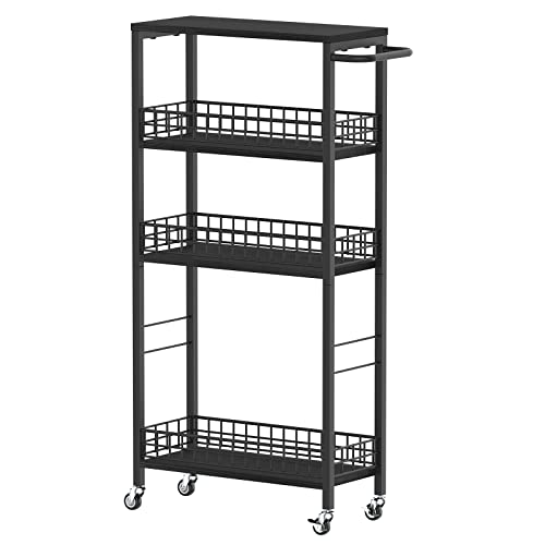 NOVIMANGO Slim Rolling Storage Cart, for Bathroom Small Spaces, Black | 4 Tier Slim Storage Cart, Rolling Kitchen Cart with Handle, Wood Rolling Storage Cart for Kitchen, with Wood Tabletop - color: Black