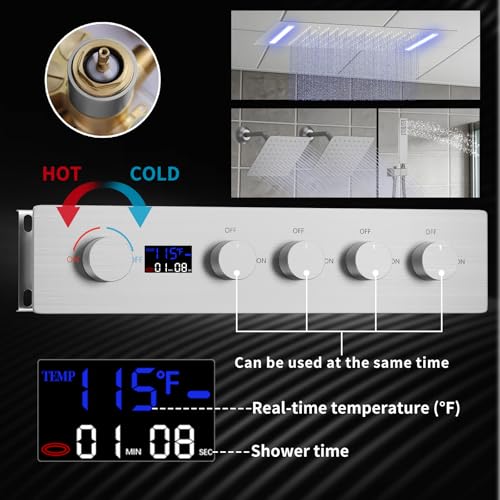 Shower Faucet Set Ceiling 20x14 inch LED Shower Head, Temperature Display Thermostatic Shower Valve, and Two 8-inch Wall Mounted Shower Heads Handheld Combination (Brushed Nickel) - color: Brushed Nickel