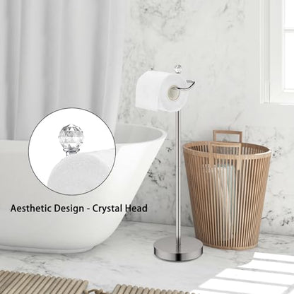 ROLABAM Toilet Paper Holder Stand with Crystal Head, Brushed Nickel Toilet Paper Holder Free Standing 24.4" H, Stand Up Toilet Paper Roll Holder for Bathroom, Floor Toilet Paper Storage - color: Brushed Nickel