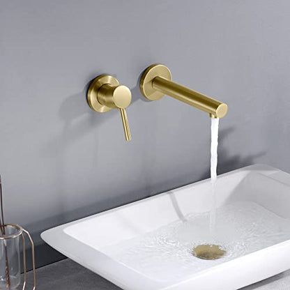 SUMERAIN Bathroom Basin Faucet Wall Mount Left-Handed Single Handle | 2 Holes, with Brass Rough in Valve, Brushed Gold Finish - color: Brushed Gold, size: Left-Handed