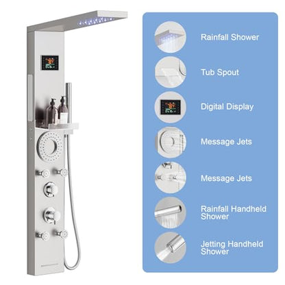 RUMOSE Brushed Nickel Shower Panel Tower System, 5-Mode Shower Faucet Set | LED Light Rainfall Shower Head Digital Display with Massage Jets Tub Spout Shower Shelves, Stainless Steel, Wall Mount - color: Brushed Nickel