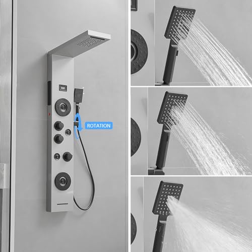 BWE Stainless Steel Shower Panel Tower System,LED Rainfall Waterfall Shower Head,4 Massage Body Jets,3 Functions Handhels Shower and Waterfall Tub Spout,Wall Mounted Shower Panel with Temp Display - color: Brushed Nickel and Black