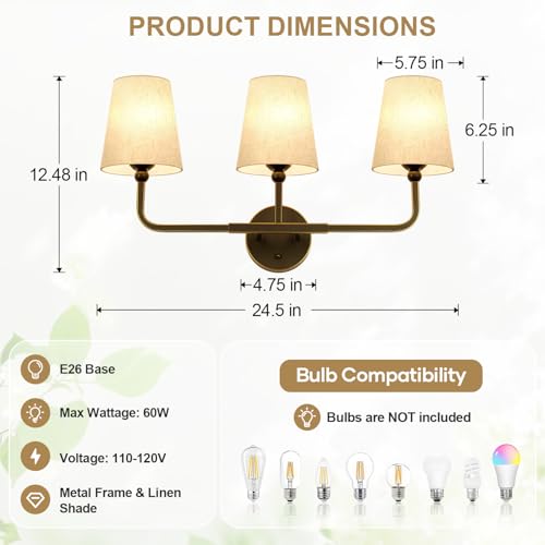 MOKATNG Bathroom Light Fixtures, 3-Light Oil-Rubbed Bronze Vanity Lights, Bathroom Lighting Fixtures Over Mirror with Flared Linen Shade, Modern Wall Sconces for Living Room Hallway - color: Oil-Rubbed Bronze & Beige Shade
