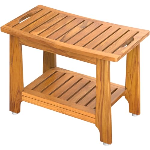 NNN 24" Home Teak Shower Bench with Japan-Made Non-Slip Leveling Feet | US Patented Design, Marine-Grade Hardware, Pre-Oiled European Teak Oil, Ready, 300lb, for Showers Spa Sauna & Outdoor Pools - size: 24"W x 13" Dx 18"H