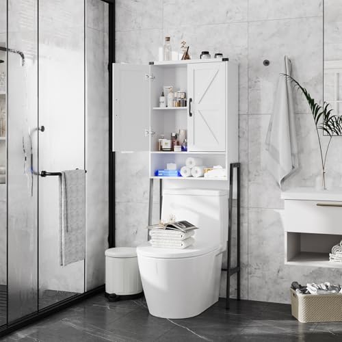 Vabches Over The Toilet Storage Cabinet with 2-Door Design Bathroom Organizers and Storage with Anti-Tip Device Over Toilet Organizer with Shelves for Bathroom,Restroom,Laundry White - color: White