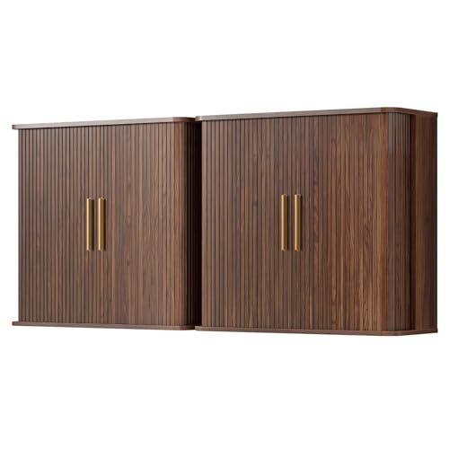 Furnaza 60" W Laundry Room Wall Mounted Cabinets with Fluted Sliding Door | Walnut Upper Bathroom Medicine Storage Cabinet with Adjustable Shelf for Kitchen,Garage,11.7" D x 27.7" H - color: Walnut, size: 60" W