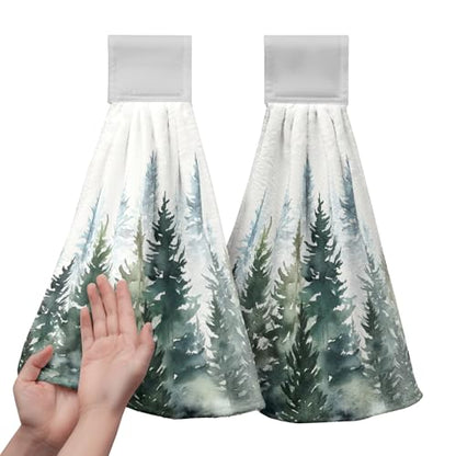 Watercolor Green Tree Hanging Hand Towels Christmas Pine Tree Kitchen Tie Towel Rustic Nature Forest Hand Towels with Hook Loops Winter Hanging Kitchen Towel Fast Drying Dish Tea Towels, 2pcs - color: Green Tree