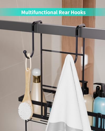HapiRm Hanging Shower Caddy Over the Door with 14 Hooks and Soap Holder, No Drilling Adhesive Shower Storage, Rustproof & Waterproof Stainless Steel Bathroom Shelves - Black - color: C-Black