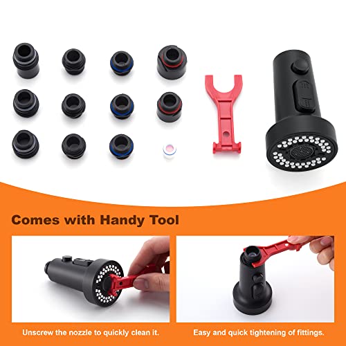 TIORIY Kitchen Faucet Head Replacement Black, with 15 Adapters Plastic Pull Down Faucet Spray Head, 3 Modes Pull Out Kitchen Sink Sprayer Nozzle, Matte Black - color: Matte Black, style: Blade Spray