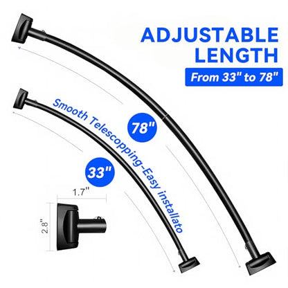 Black Curved Shower Curtain Rod Round Shower Rod Adjustable 33-78 In Stainless Steel Rustproof Bowed Shower Curtain Rods for Bathroom Bathtub Stall Rounded Curved Shower Rod Bar Need to Drill