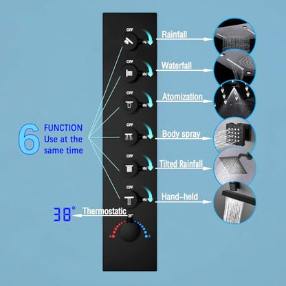Enga Luxury Dual Shower Head System with Body Jets LED Thermostatic Shower System with 6 inch Wall Shower, 20-Inch 3 Function Shower Head (Rainfall & Mist & Waterfall), Matte Black - color: Matte Black, style: 20" Head (Rain + Mist+Waterfall) - 6" Head+Je
