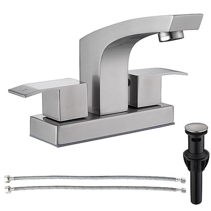 Bathroom Sink Faucets 4 inch Centerset Brushed Nickel 2 Hole Modern | Stainless Steel 2 Handle Bathroom Faucet with Pop Up Drain and cUPC Supply Hose, Satin Nickel Lavatory Faucet - color: Brushed Nickel, size: 4 Inch Centerset
