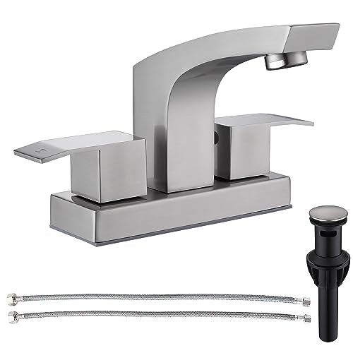 Bathroom Sink Faucets 4 inch Centerset Brushed Nickel 2 Hole Modern | Stainless Steel 2 Handle Bathroom Faucet with Pop Up Drain and cUPC Supply Hose, Satin Nickel Lavatory Faucet - color: Brushed Nickel, size: 4 Inch Centerset
