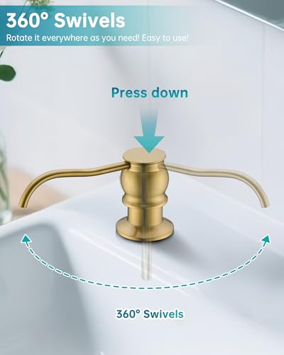 Built in Deck Mount Liquid Lotion Kitchen Countertop Metal Soap Dispenser, Brushed Gold Brass Dispenser Pump with 47.2" Silicone Long Tube for 0.79 "- 1.38" High Capacity Bottle Mouths - color: Brushed Gold, size: With Hose