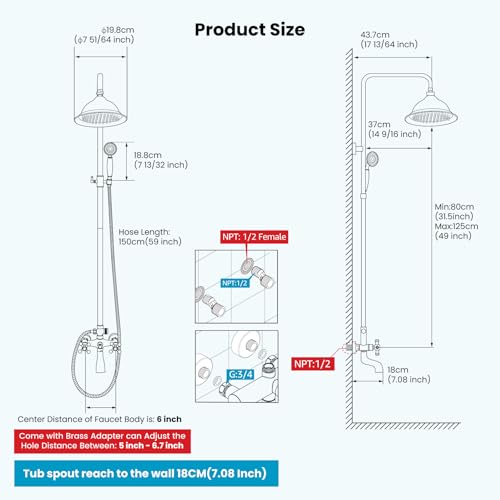 gotonovo Exposed Shower System with Spout,Matte Black,No Shower Shelf | Brass Shower Faucet Set,8’’ Rain Head with Handheld Spray,Swivel Tub Spout,2 Cross Handle,6’’ Hole Distance,Adjustable Height - color: Black