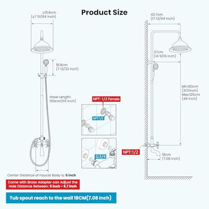 gotonovo Exposed Shower System with Spout,Matte Black,No Shower Shelf | Brass Shower Faucet Set,8’’ Rain Head with Handheld Spray,Swivel Tub Spout,2 Cross Handle,6’’ Hole Distance,Adjustable Height - color: Black