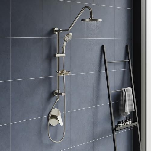 PULSE ShowerSpas Kauai III Brushed Nickel Rain Shower Head with Handheld Spray - 2.5 GPM, 8" Showerhead, 5-Function HandShower, Adjustable Slide Bar - Shower Heads with Handheld Spray Combo - color: Brushed Nickel, size: 2.5 Gallon Per Minute