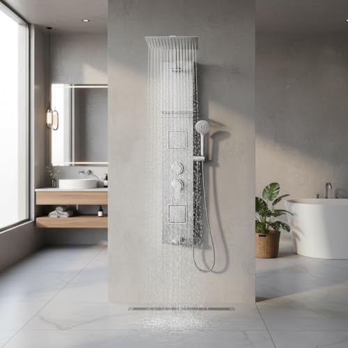 Brushed Surface Shower Panel Contemporary Wall Mount Shower Tower with Adjustable Rainfall Shower Head Large Body Jets Stainless Steel Shower System with Shelf