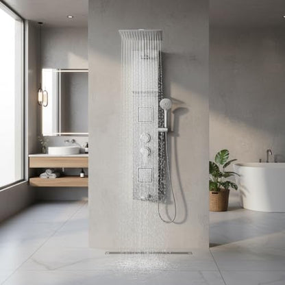 Brushed Surface Shower Panel Contemporary Wall Mount Shower Tower with Adjustable Rainfall Shower Head Large Body Jets Stainless Steel Shower System with Shelf
