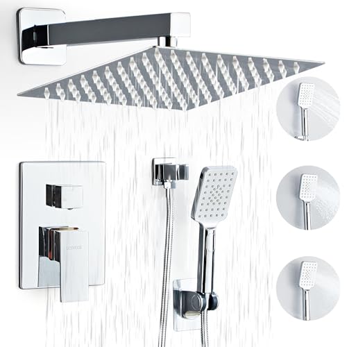 Shower System, Shower Faucet Set Complete Square Rain Shower Combo Set with 8 inch Rainfall Shower Head System Bathroom Wall Mounted 3-Setting Handheld Shower,Chrome - color: Chrome, style: 8 Inch With 3-Setting