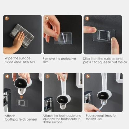 Toothpaste Dispenser 2 PCS Semi-Automatic Toothpaste Squeezer Holder for Family Shower Bathroom, No-Drill Mounting Wall Adhesive Pad, Easy to Install & Clean