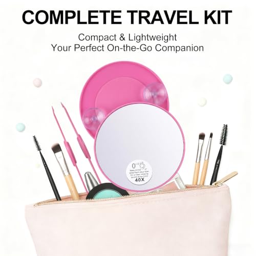 LED Lighted Tweezers & 40X Magnifying Mirror with Suction Cup Set, 2 in 1 No-Hands Makeup Mirror with Light and Precision Light Up Tweezers(Pink) - color: Pink
