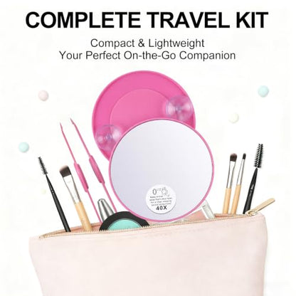 LED Lighted Tweezers & 40X Magnifying Mirror with Suction Cup Set, 2 in 1 No-Hands Makeup Mirror with Light and Precision Light Up Tweezers(Pink) - color: Pink