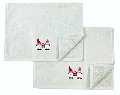 Christmas Gnomes Hand Towel Set: Light Grey Velour Bathroom Towels with Red White Embroidery Jolly Nordic Gnome Friends - color: Gnome Friends