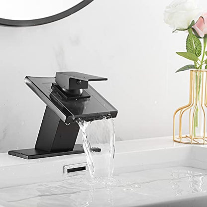 Black Bathroom Faucet Waterfall Spout and Single Handle Wide Glass Spout 1 Hole Faucet for Bathroom Sink Modern Bath Basin Faucet Lavatory Vanity | Bathroom Sink Modern Bath Basin Faucet Lavatory Vanity - color: Black, style: No Led light