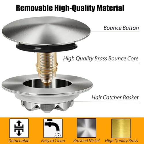 Anlige Bathtub Drain Stopper, Pop Up Tub Stopper and Cover, Bottom with Hair Catcher, Universal for 1.45 in to 1.8 in Drain, Replaces Old Drain Plug, Brushed Nickel - color: Brushed Nickel