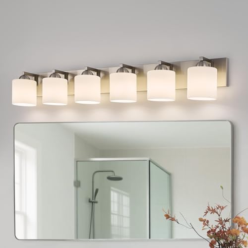 mirrea 6-Light Brushed Nickel Bathroom Vanity Light with White Glass Shades | Over Mirror,Wall Sconce,ETL listed,Bathroom Lighting Fixtures,Elegant Design,Milk White Glass Shade,Easy Installation - color: Brushed Nickel, size: 6-light