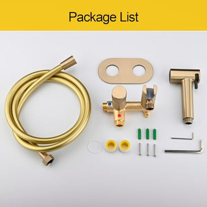 Handheld Bidet Sprayer Set Concealed Hot and Cold Bidet Spray for Toilet with Brass Valve Warm Water Round Bidet Attachment Set for Feminine Hygiene, Pets and Baby Diaper Wash, Brushed Gold