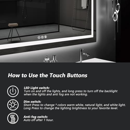 ROOMTEC 36x28 Inches LED Bathroom Mirror with Lights, Vanity Mirror with Front and Backlight, Smart Dimmable Anti-Fog LED Mirror for Bathroom, Memory Function, Tempered Glass (Horizontal/Vertical) - size: 36"L x 28"W