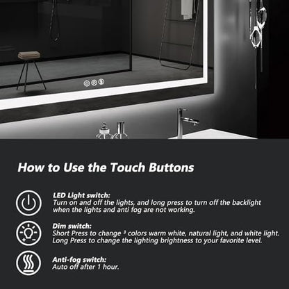 ROOMTEC 48x32 Inches LED Bathroom Mirror with Lights, Vanity Mirror with Front and Backlight, Smart Dimmable Anti-Fog LED Mirror for Bathroom, Memory Function, Tempered Glass (Horizontal/Vertical) - size: 48"L x 32"W