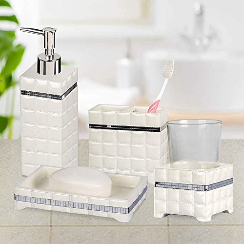 nu steel Giraffe White Resin Bath Accessory Set for Vanity Countertops, 4 piece Luxury Ensemble Includes soap Dish, Toothbrush Holder, Tumbler, soap and Lotion Pump,White Resin