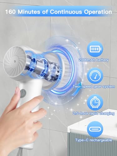 Electric Spin Scrubber - Cordless IPX7 Waterproof Shower Scrubber with 2 Speed Settings and 6 Replaceable Heads，Electric Cleaning Brush for Bathroom，Kitchen and Windows - style: Short Handle