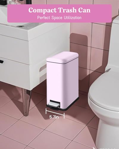 Bathroom Trash Can, Small Trash Can with Lid, Pink Cute Trashcan | 1.3 Gal, Trash Can with Removable Inner Bucket, Soft Close lid, Stainless Steel Step Pedal Garbage Can for Bathroom, Bedroom - color: Pink